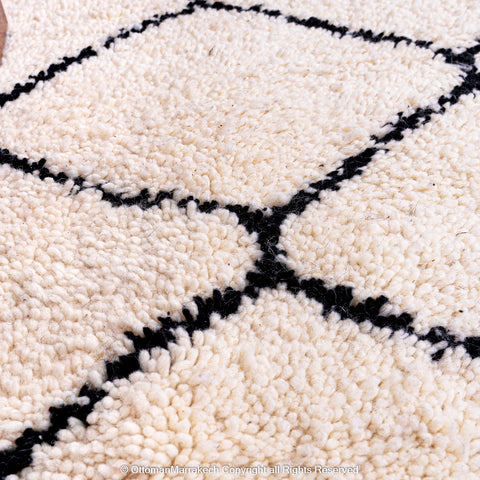 Timeless Moroccan Wool Rug with Black Diamond Lattice Design