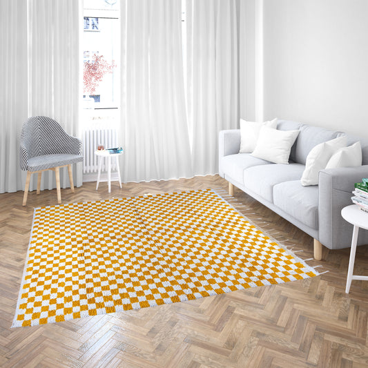 Golden Checkered Moroccan Wool Rug – Handwoven Geometric Design