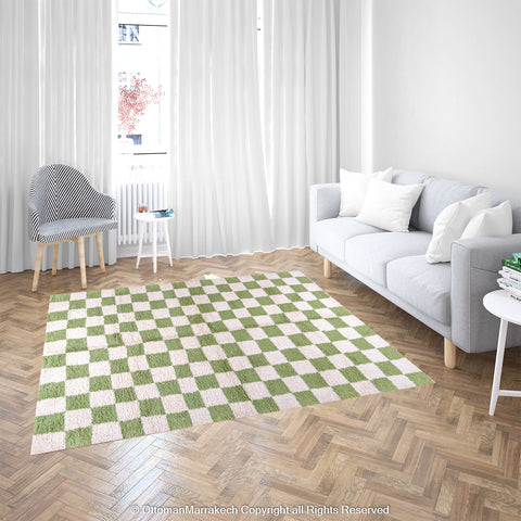 Green and White Checkered Moroccan Rug – Plush and Handmade