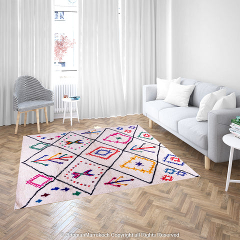 White Beni Ourain Rug with Black Diamond Lines and Colorful Berber Symbols