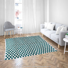 Load image into Gallery viewer, Green and White Checkered Berber Rug: Antique Charm with a Modern Twist