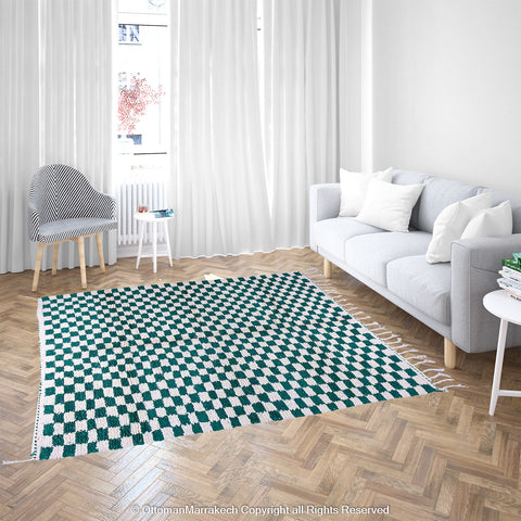 Green and White Checkered Berber Rug: Antique Charm with a Modern Twist