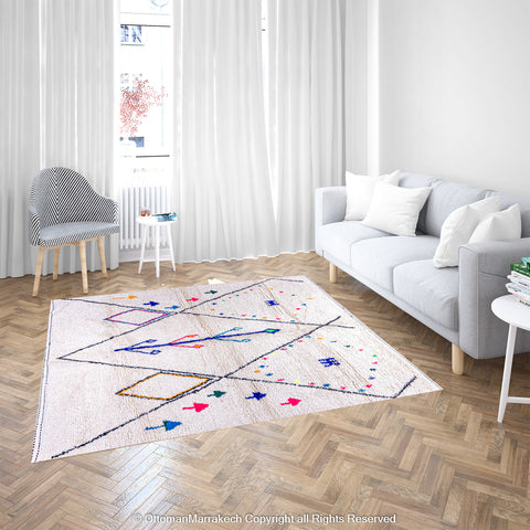 White Plush Berber Rug with Black Diamonds and Vibrant Berber Symbols