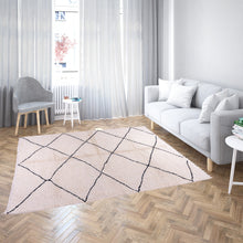 Load image into Gallery viewer, Bohemian Beige Sandstone Diamond Rug – Handwoven with Symmetrical Black Lined Diamond Pattern