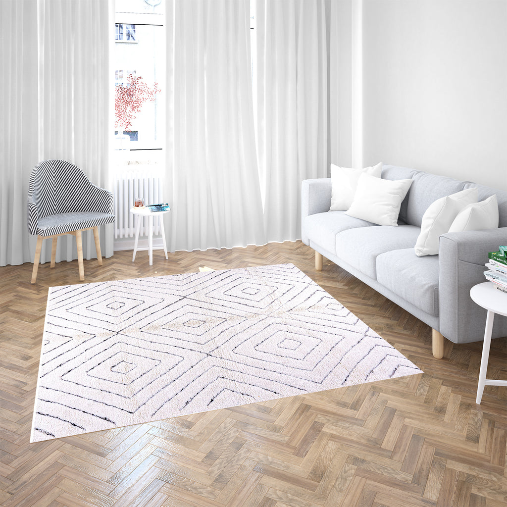 Eclectic Moroccan Tiled Diamond Rug: White Rug Black Diamonds Modern Flair