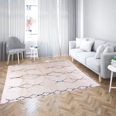 Minimalist Beni Ourain Moroccan Rug with Black Diamond Patterns on Ivory Wool