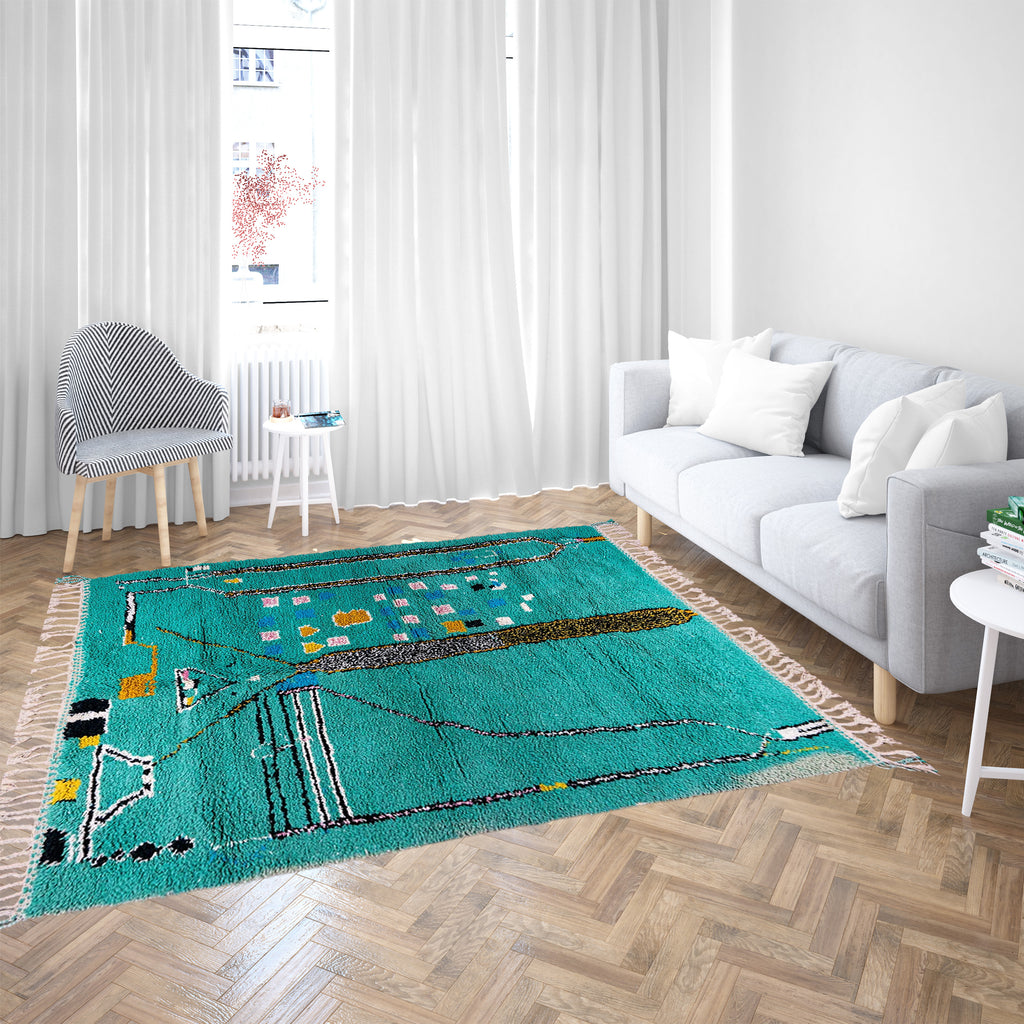 Turquoise Abstract Moroccan Wool Rug – Handwoven with Colorful Geometric Patterns