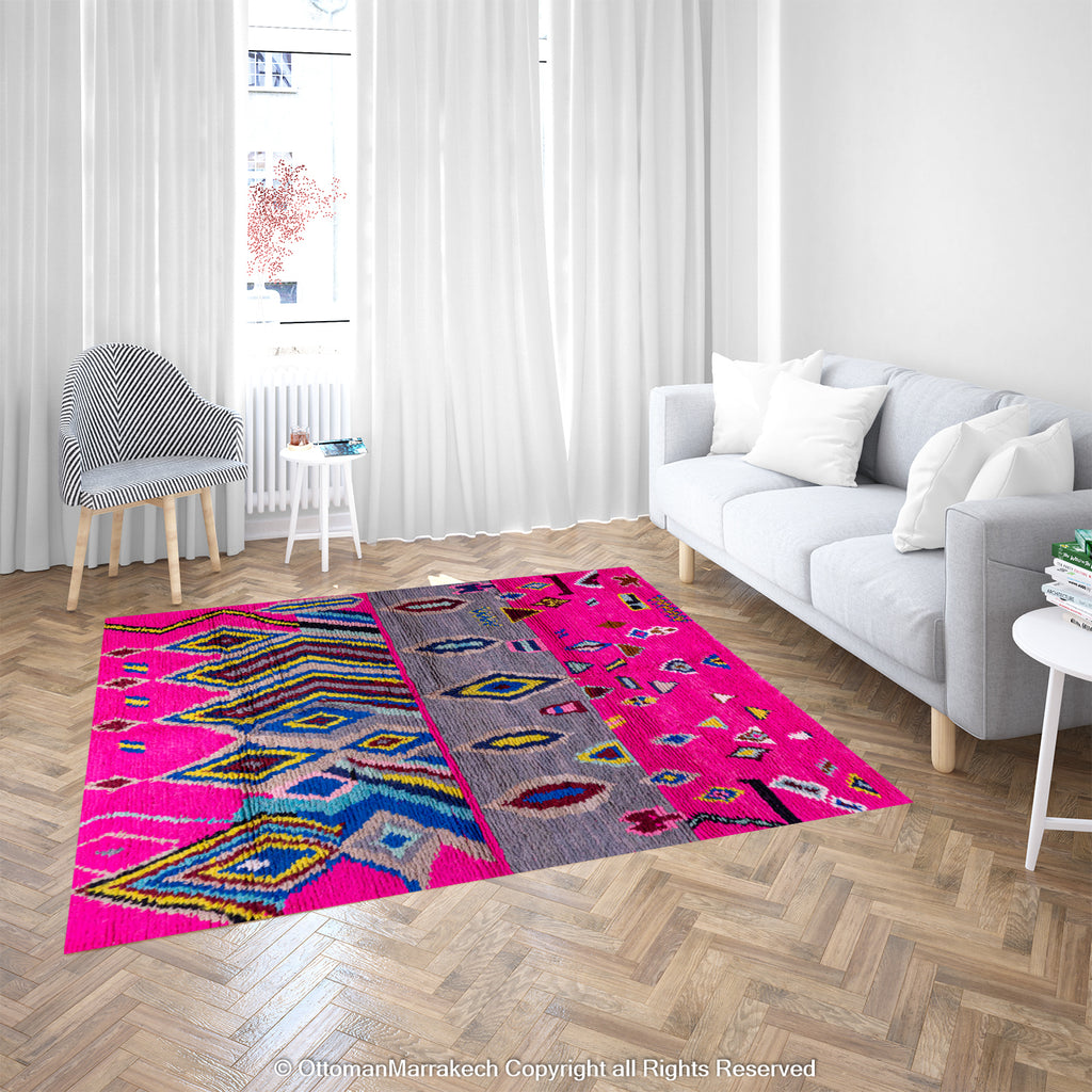 Pink Berber Moroccan Wool Rug with Bold Diamond and Chevron Patterns