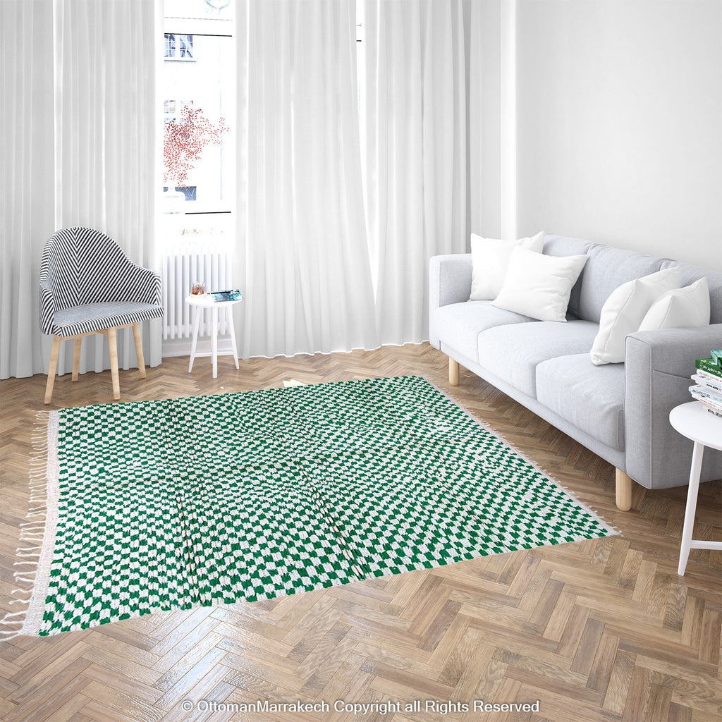 Green and White Checkered Illusion Rug