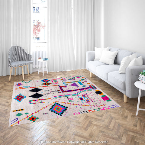 White Berber Rug with Vibrant Geometric Symbols