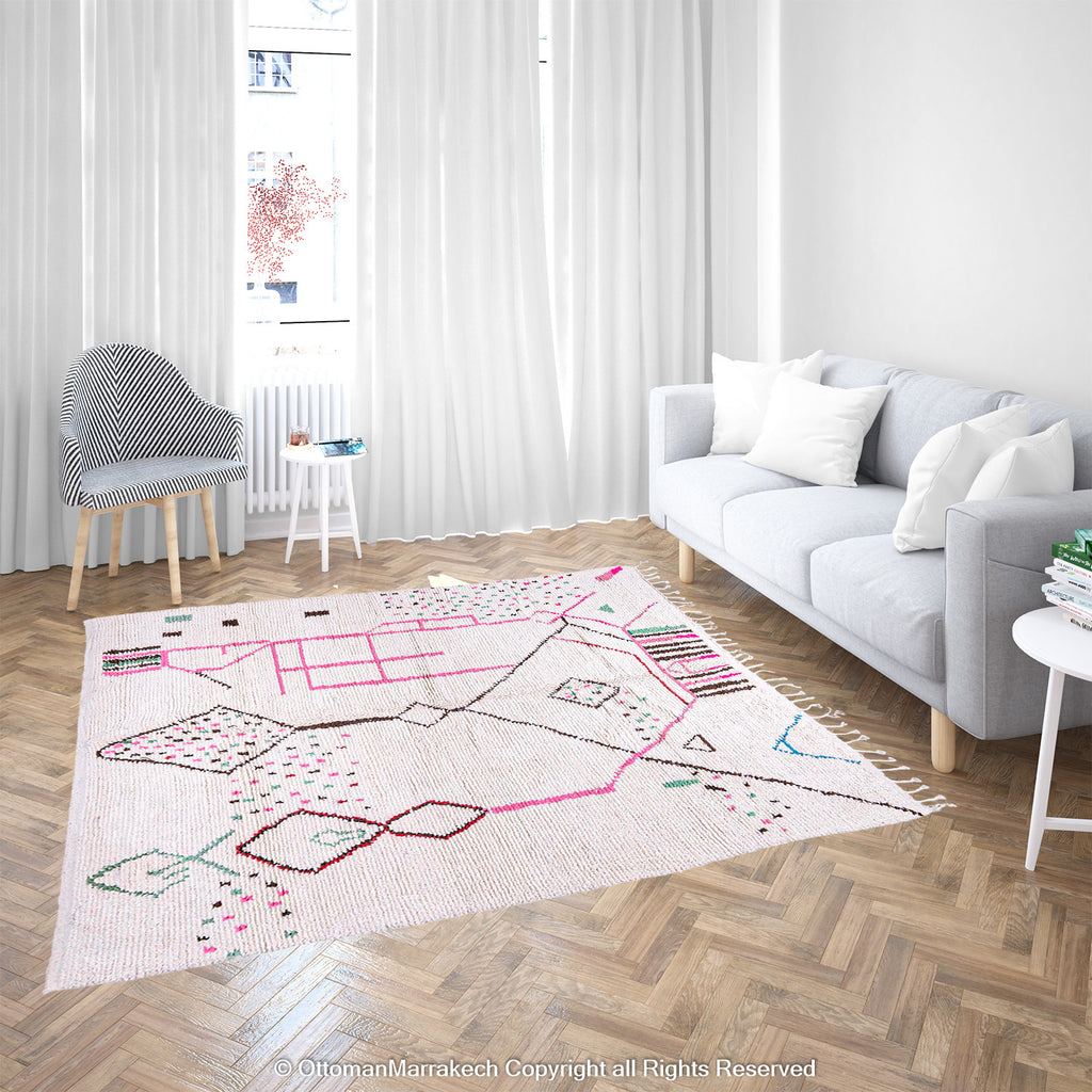 White Berber Rug with Soft Geometric Symbols and Pink Accents