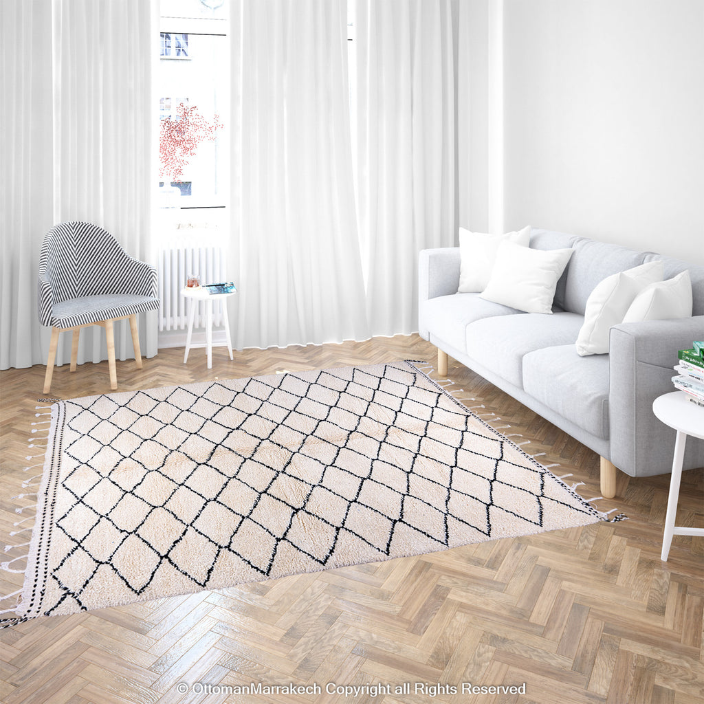 Timeless Moroccan Wool Rug with Black Diamond Lattice Design