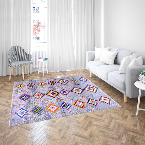 Gradient Blue Berber Rug with Colorful Geometric Symbols and Natural Sheep Wool Accents