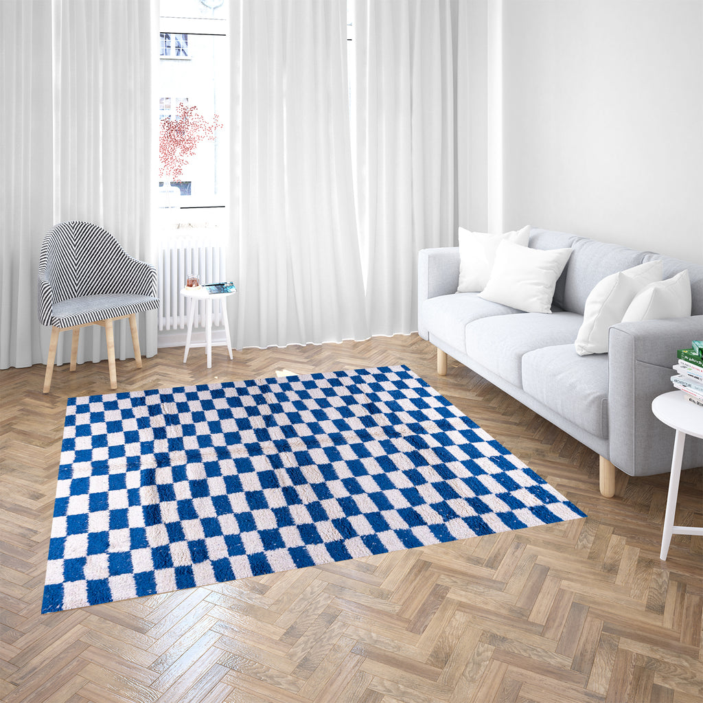 Berber Blue and White Checkered Wool Rug – Cozy Comfort with Modern Flair