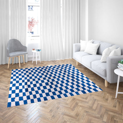 Berber Blue and White Checkered Wool Rug – Cozy Comfort with Modern Flair