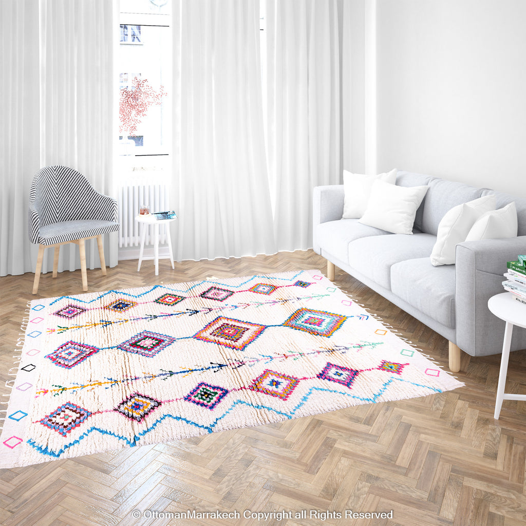 White Moroccan Wool Rug with Colorful Berber Diamond and Tree Motifs