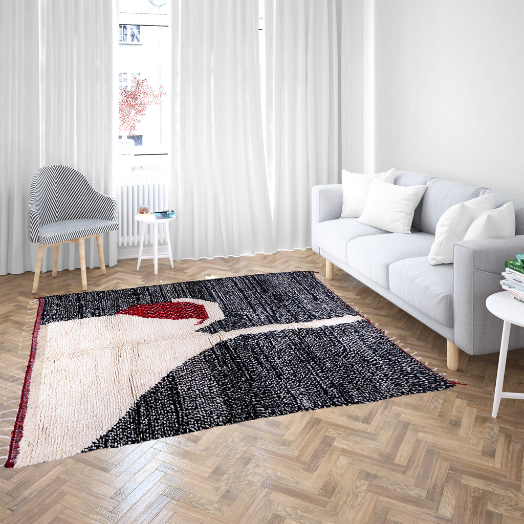 Black and White Abstract Moroccan Wool Rug with Red Accents