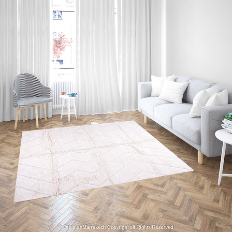 Beige Wool Rug with Shaved Geometric Diamond Pattern