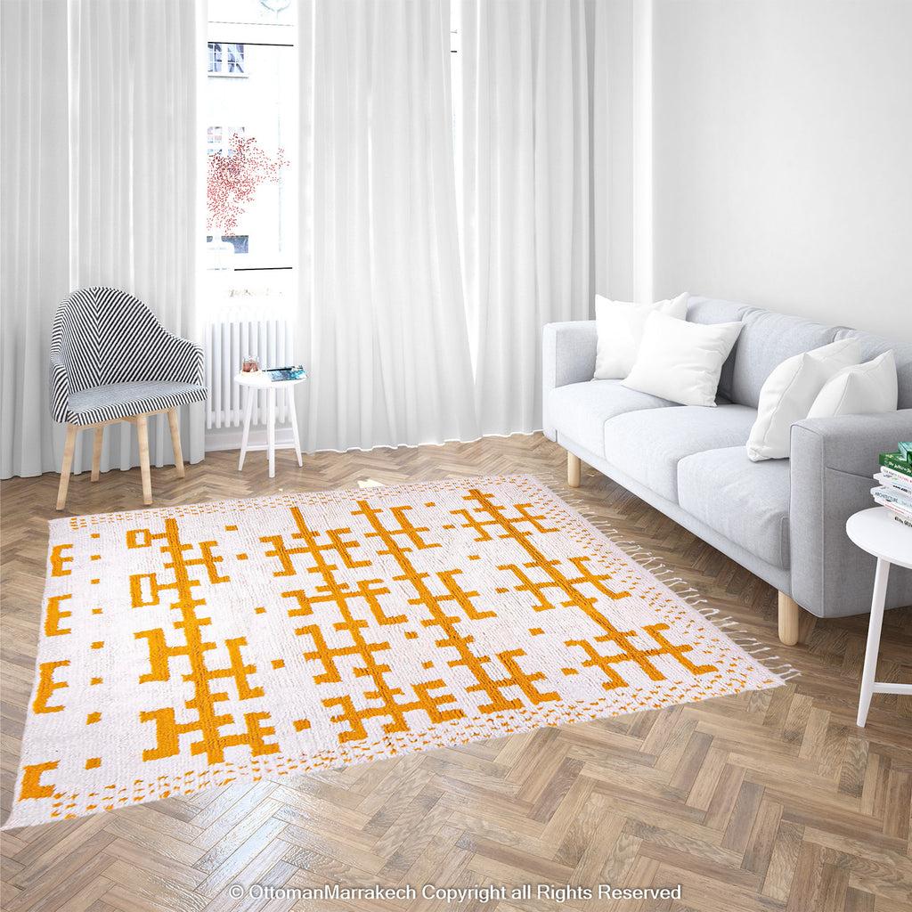 White Berber Rug with Geometric Saffron-Hued Patterns