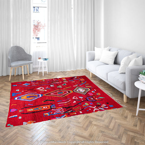 Bold Red Berber Rug with Multicolored Patterns