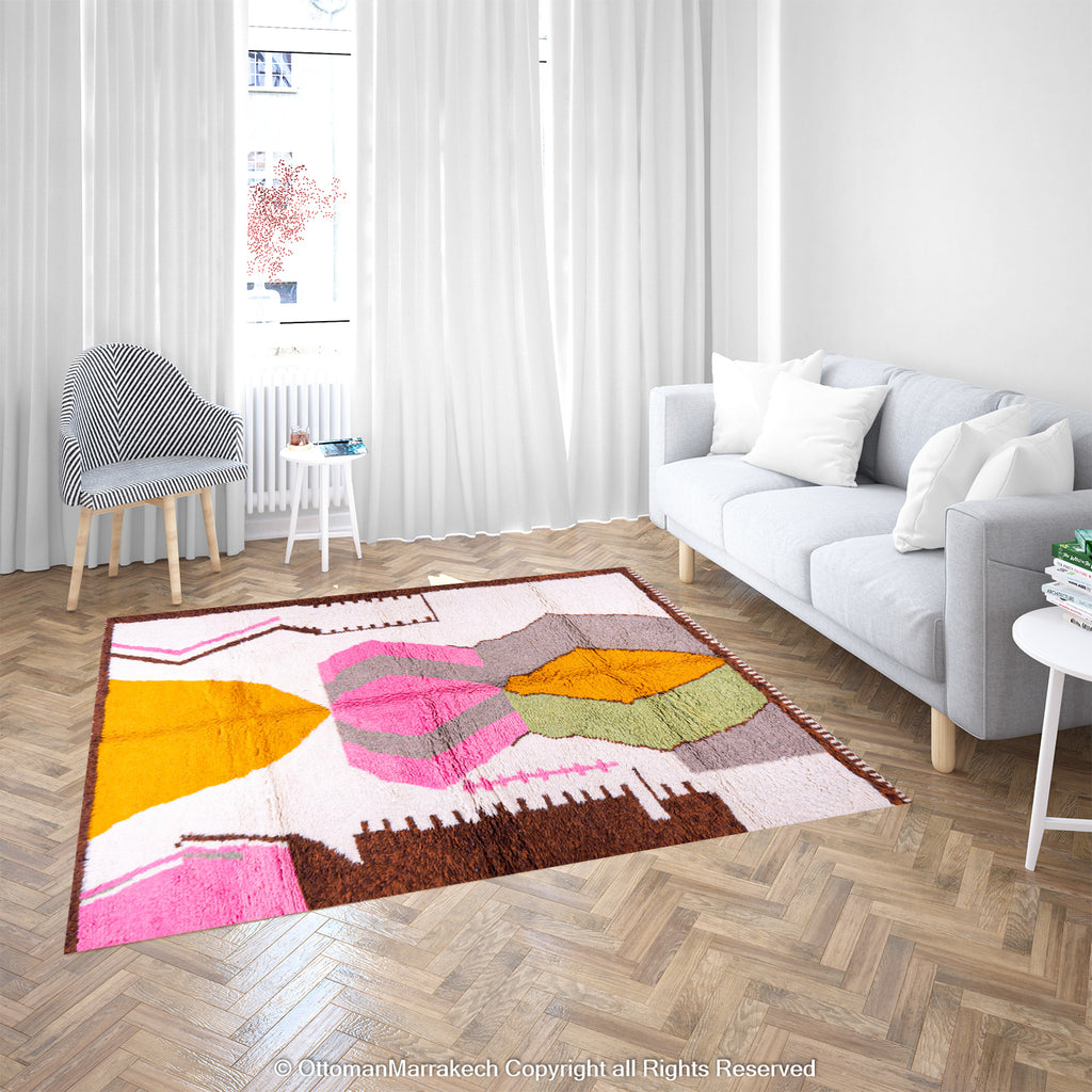 Colorful Berber Moroccan Wool Rug with Bold Hexagonal and Chevron Patterns