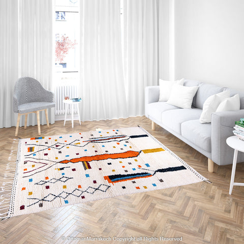 Autumn Leaves – White Moroccan Wool Rug with Colorful Berber Abstract and Leaf Motifs