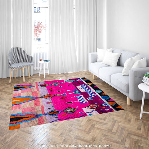 Vibrant Pink Moroccan Berber Rug with Multicolor Geometric Patterns