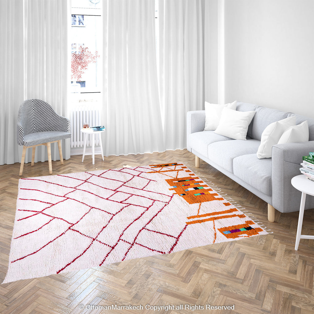 Moroccan White Berber Rug with Red and Orange Geometric Accents