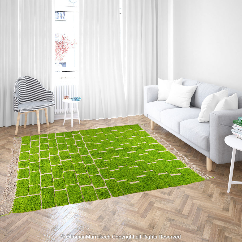 Bright Green Beni Ourain Moroccan Wool Rug – Brick Pattern Design