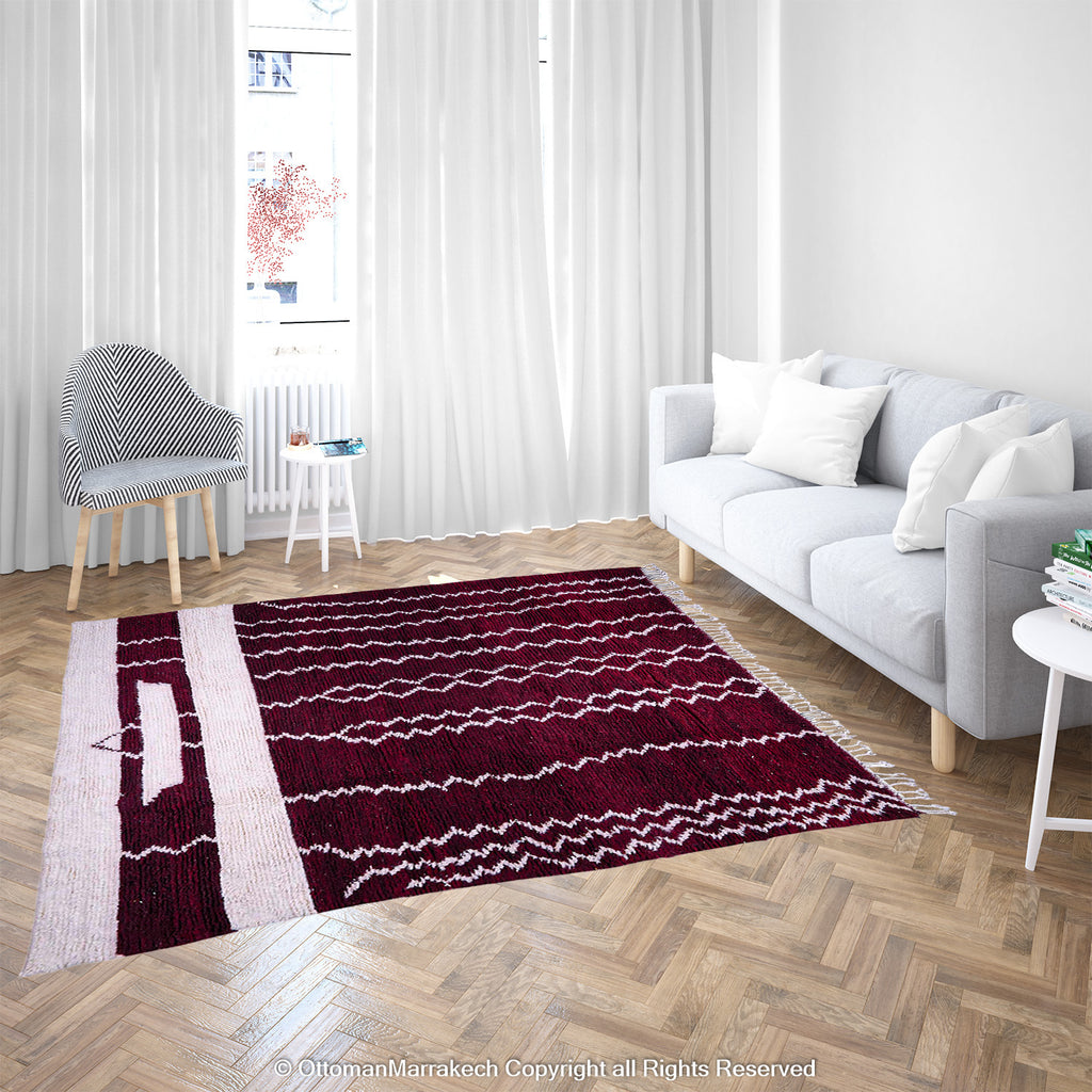 Deep Burgundy Berber Rug with White Geometric Waves