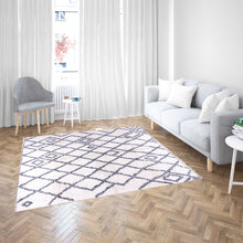 Load image into Gallery viewer, White Moroccan Wool Rug with Black Double-Line Diamond and Cell-Like Patterns