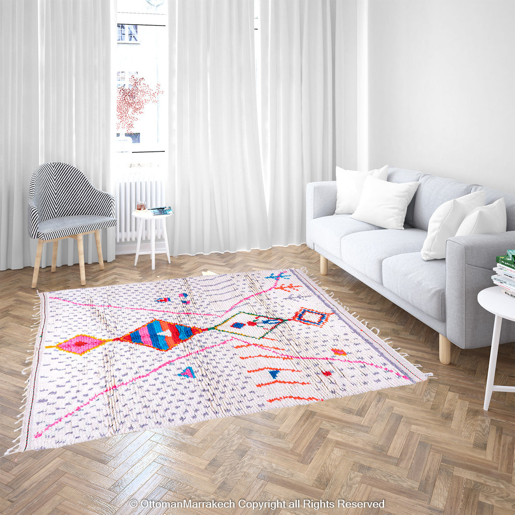 White Berber Rug with Vibrant Geometric Motifs