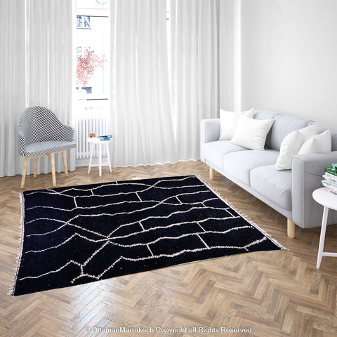 Noir Atlas Berber Rug with White Interwoven Motifs