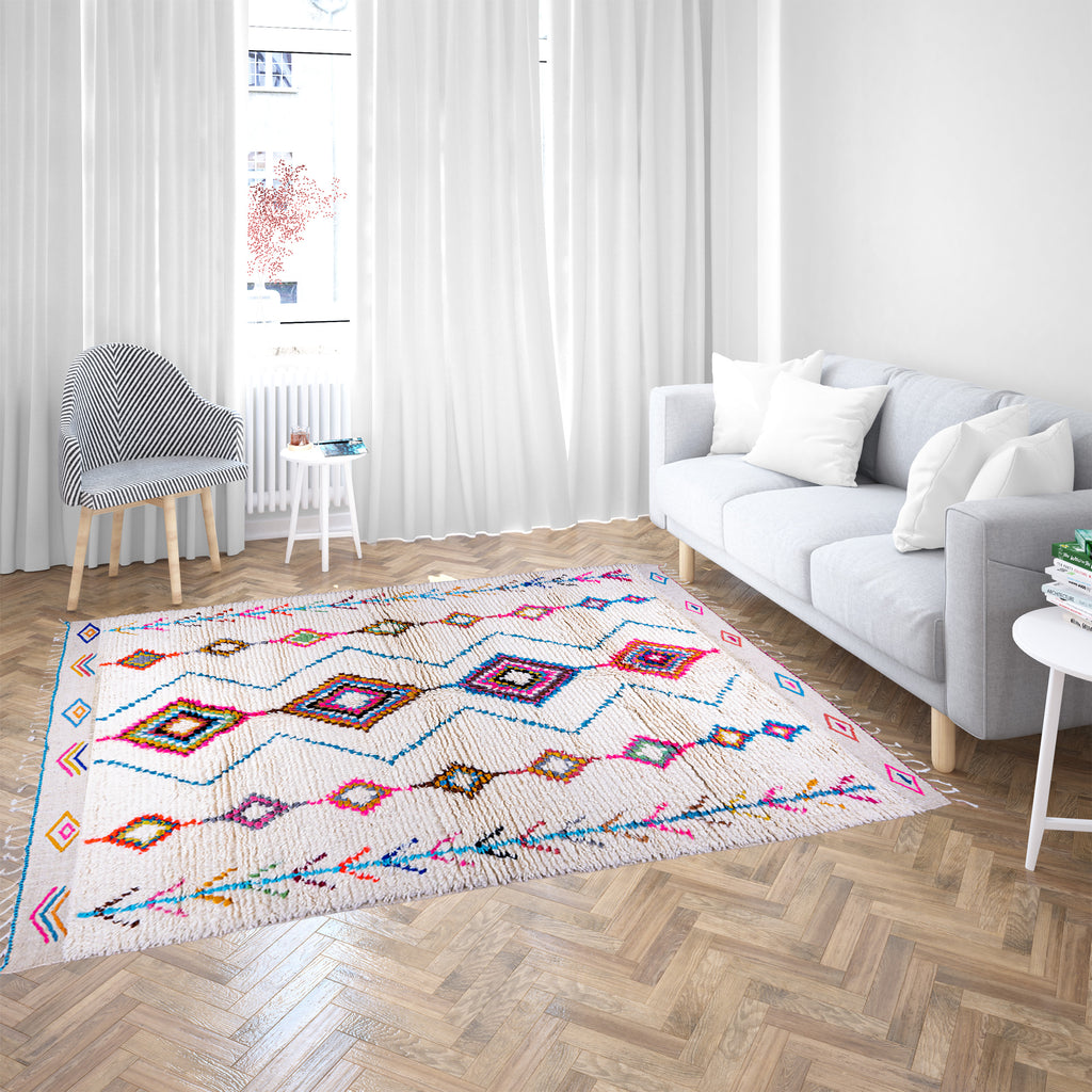 White Moroccan Beni Ourain Wool Rug with Colorful Diamond and Geometric Patterns