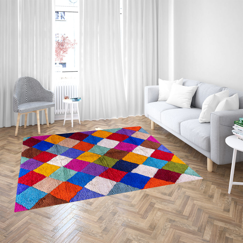 Vibrant Harlequin Moroccan Berber Rug with Multicolored Diamond Pattern