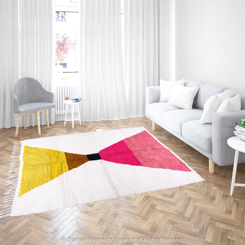 Minimalist White Moroccan Wool Rug with Bold Geometric Hourglass Design