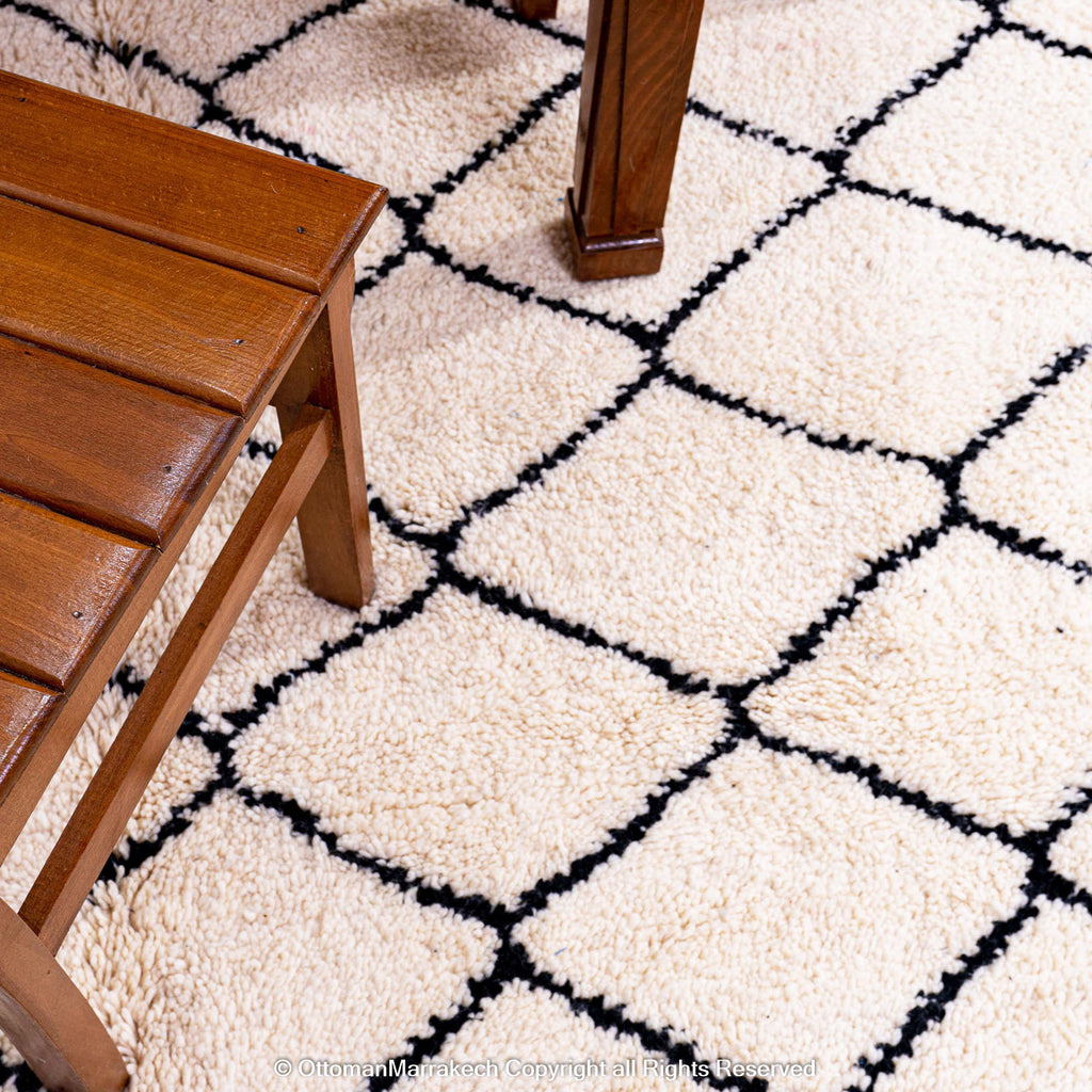 Timeless Moroccan Wool Rug with Black Diamond Lattice Design