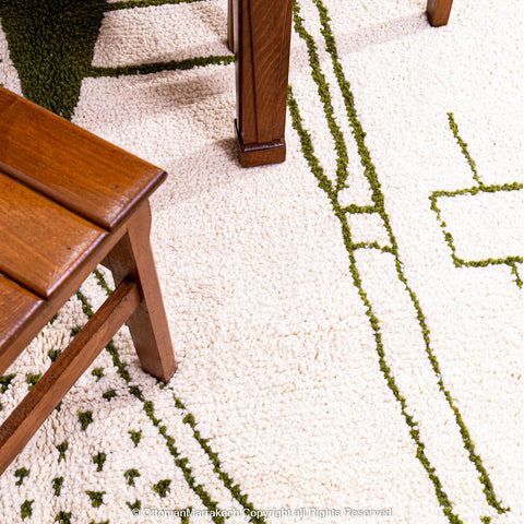 Green and White Moroccan Wool Rug with Abstract Desert and Cactus Motifs