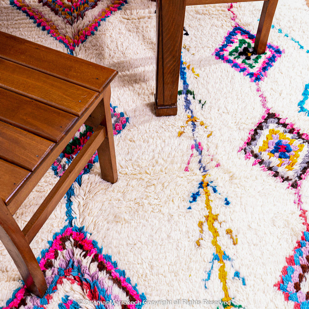 White Moroccan Wool Rug with Colorful Berber Diamond and Tree Motifs