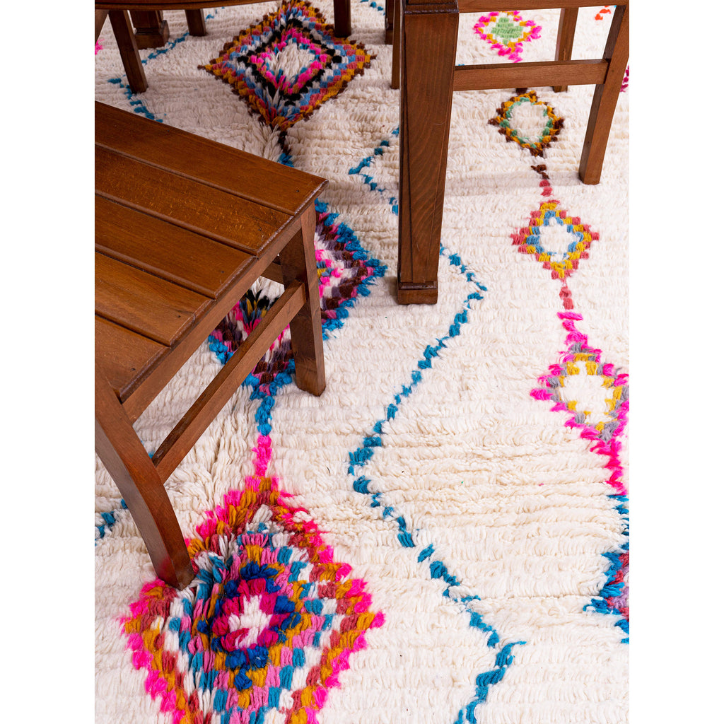 White Moroccan Beni Ourain Wool Rug with Colorful Diamond and Geometric Patterns