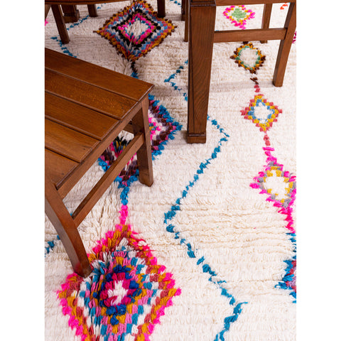 White Moroccan Beni Ourain Wool Rug with Colorful Diamond and Geometric Patterns