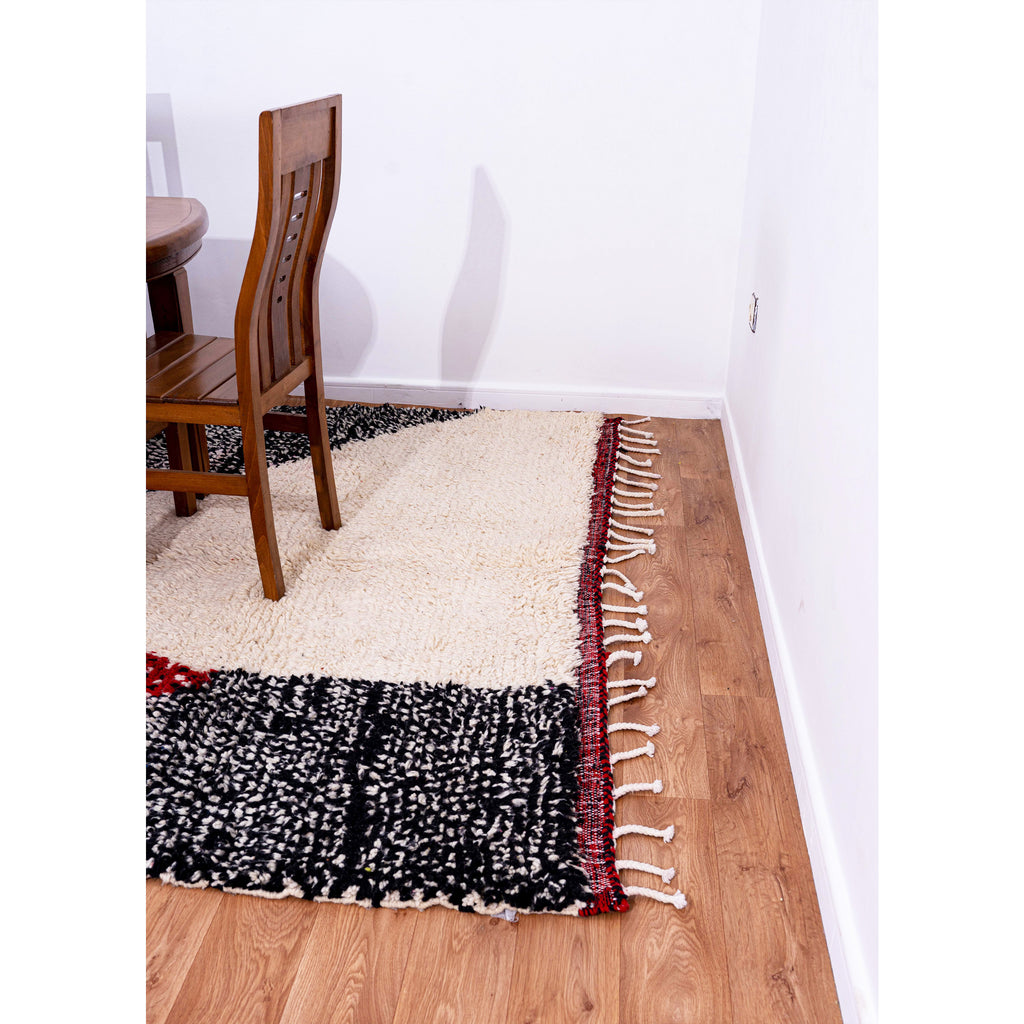 Black and White Abstract Moroccan Wool Rug with Red Accents