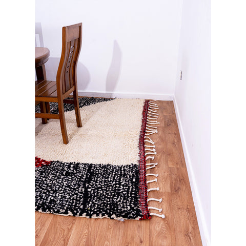 Black and White Abstract Moroccan Wool Rug with Red Accents