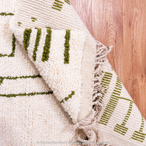 Green and White Moroccan Wool Rug with Abstract Desert and Cactus Motifs