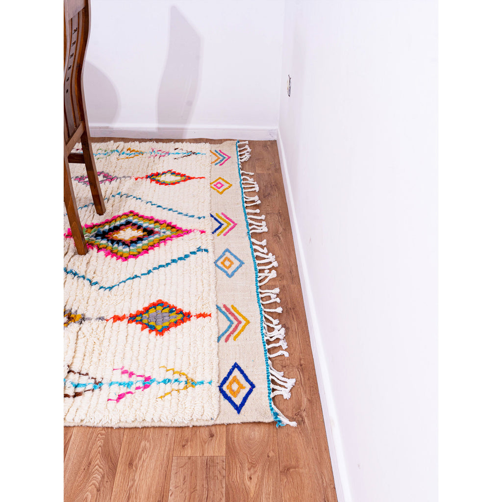 White Moroccan Beni Ourain Wool Rug with Colorful Diamond and Geometric Patterns