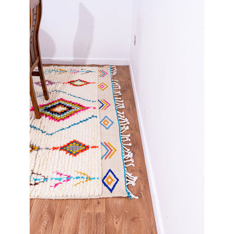 White Moroccan Beni Ourain Wool Rug with Colorful Diamond and Geometric Patterns