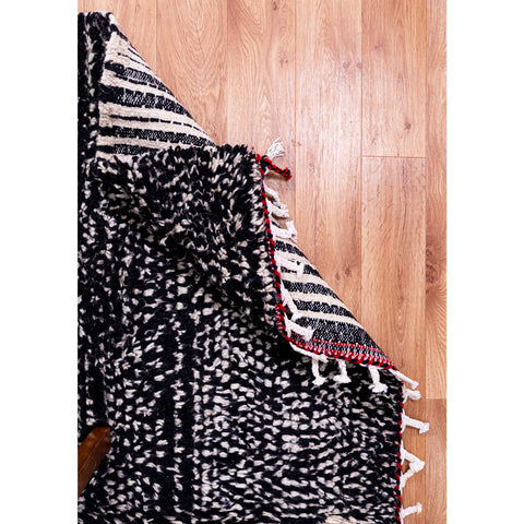 Black and White Abstract Moroccan Wool Rug with Red Accents