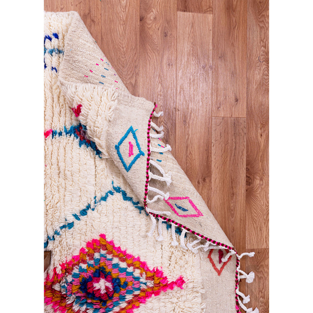 White Moroccan Beni Ourain Wool Rug with Colorful Diamond and Geometric Patterns