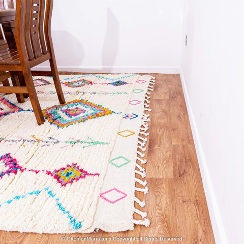 White Moroccan Wool Rug with Colorful Berber Diamond and Tree Motifs