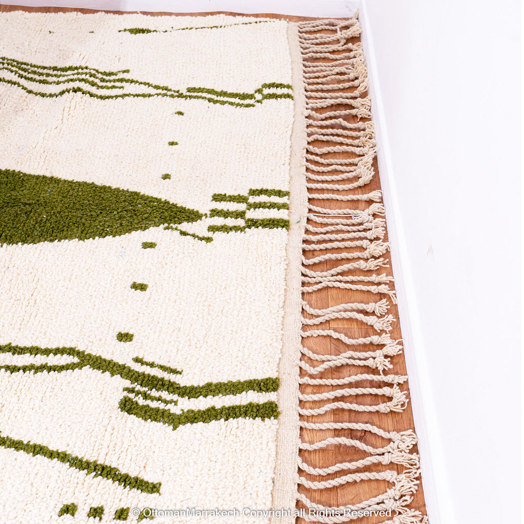 Green and White Moroccan Wool Rug with Abstract Desert and Cactus Motifs